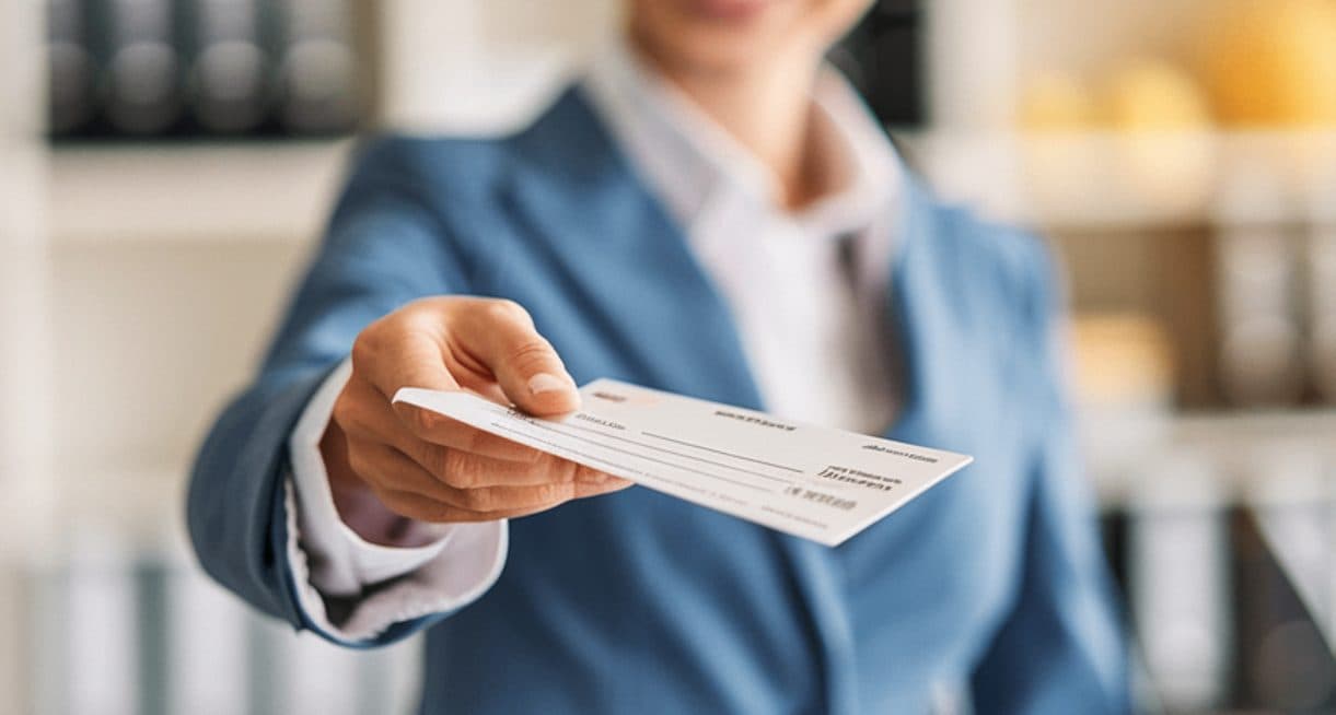 A check being handed to a client